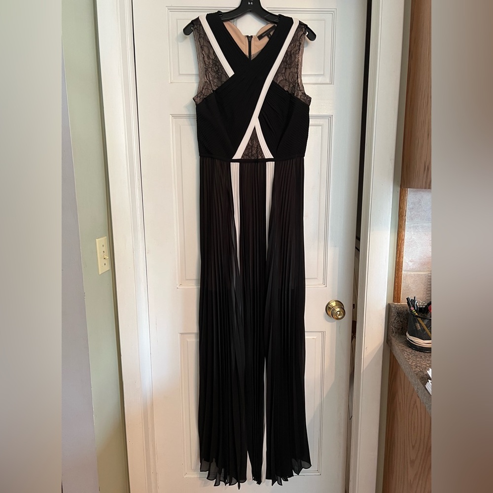 BCBG black and white sleeveless pleated maxi dress